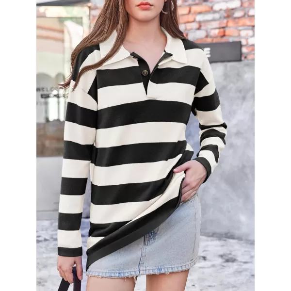 imageSaodimallsu Womens Striped Sweater Collared Color Block Long Sleeve Button Knit Tunic TopsBlack