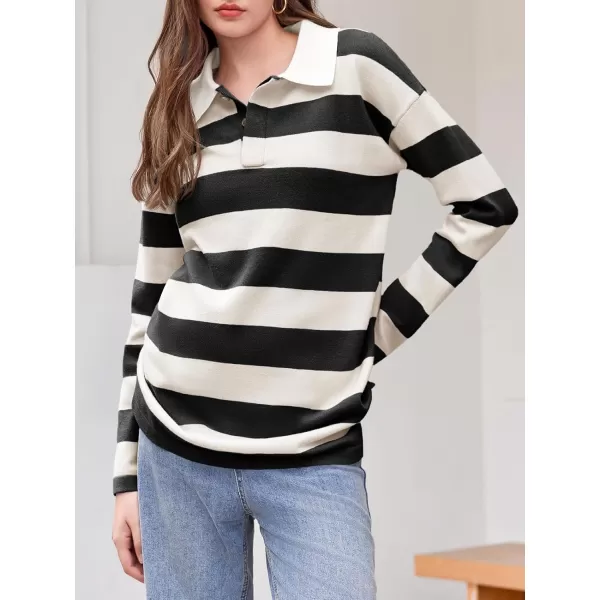 imageSaodimallsu Womens Striped Sweater Collared Color Block Long Sleeve Button Knit Tunic TopsBlack