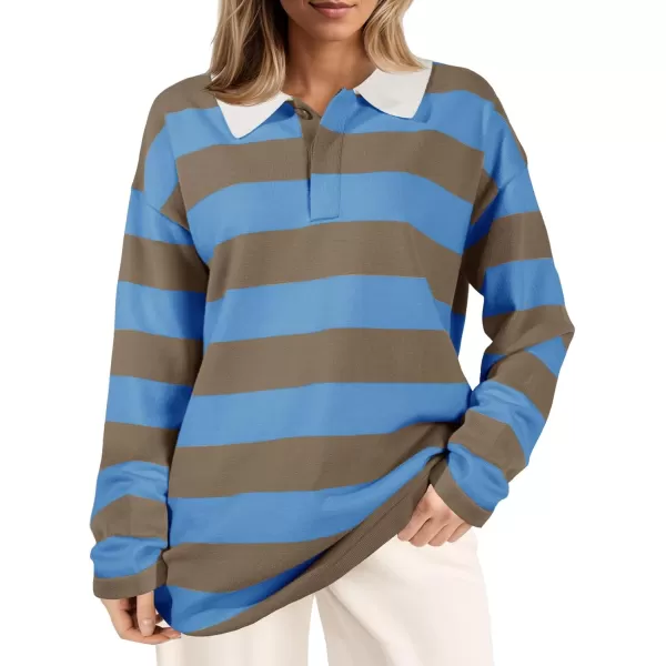 imageSaodimallsu Womens Striped Sweater Collared Color Block Long Sleeve Button Knit Tunic TopsBlue