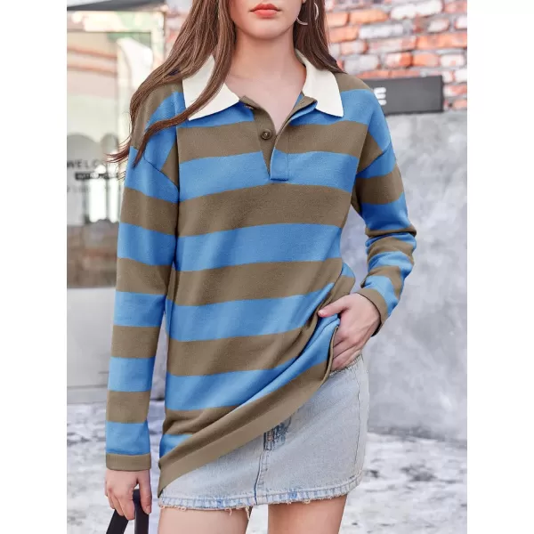 imageSaodimallsu Womens Striped Sweater Collared Color Block Long Sleeve Button Knit Tunic TopsBlue