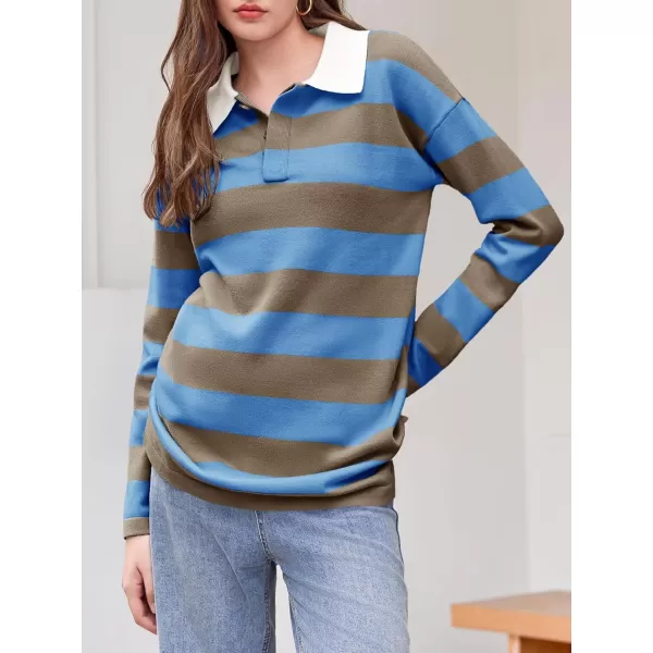 imageSaodimallsu Womens Striped Sweater Collared Color Block Long Sleeve Button Knit Tunic TopsBlue