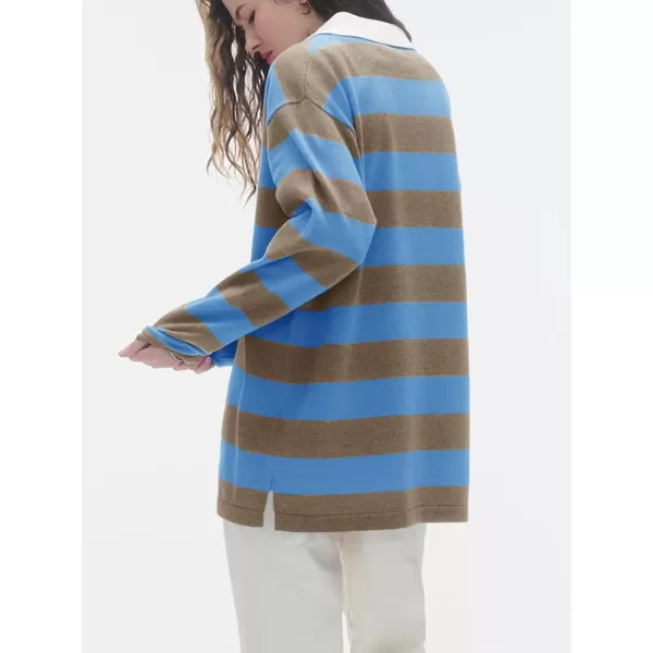 imageSaodimallsu Womens Striped Sweater Collared Color Block Long Sleeve Button Knit Tunic TopsBlue