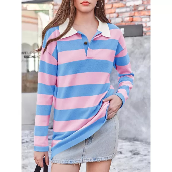 imageSaodimallsu Womens Striped Sweater Collared Color Block Long Sleeve Button Knit Tunic TopsPink