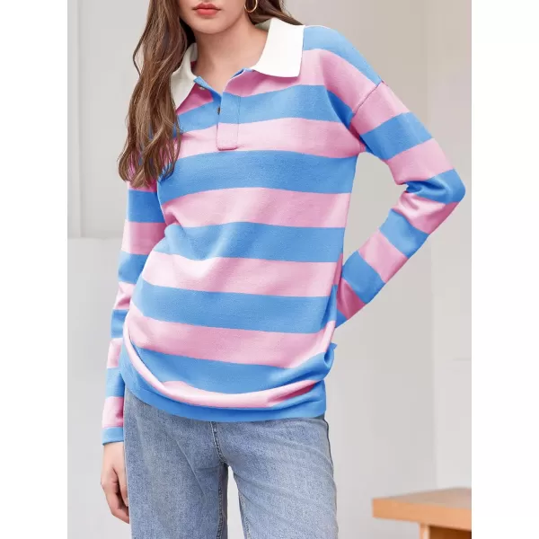 imageSaodimallsu Womens Striped Sweater Collared Color Block Long Sleeve Button Knit Tunic TopsPink