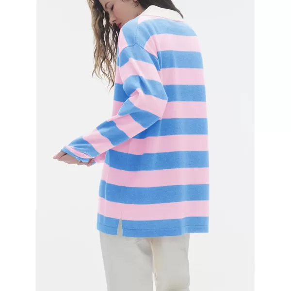 imageSaodimallsu Womens Striped Sweater Collared Color Block Long Sleeve Button Knit Tunic TopsPink