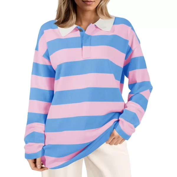 imageSaodimallsu Womens Striped Sweater Collared Color Block Long Sleeve Button Knit Tunic TopsPink