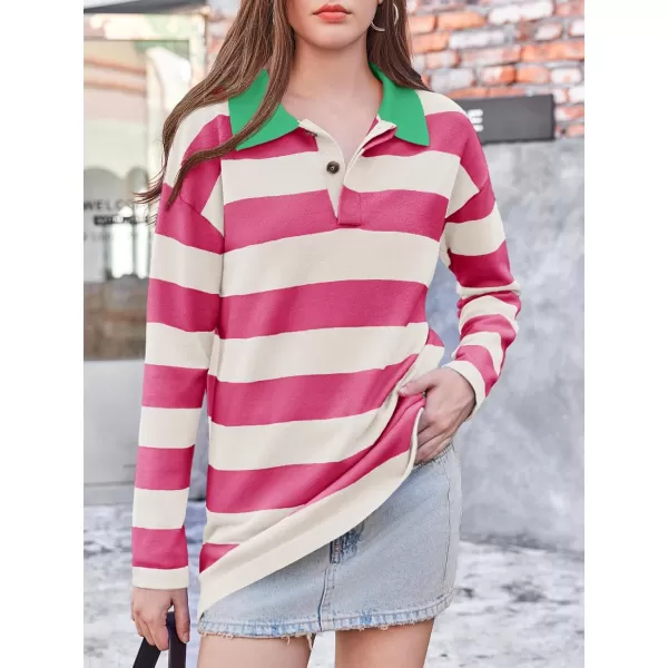 imageSaodimallsu Womens Striped Sweater Collared Color Block Long Sleeve Button Knit Tunic TopsRed