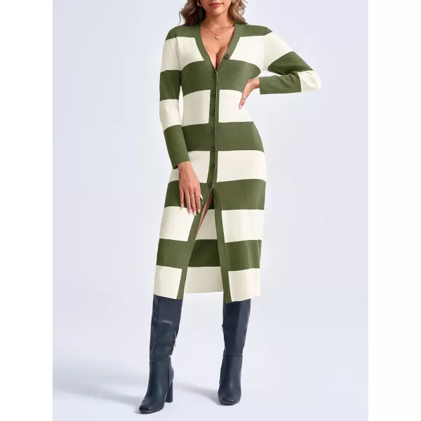 imageSaodimallsu Womens Striped Sweater Dress Button V Neck Long Sleeve Knit Fall Trendy Bodycon Midi Dresses CardigansArmy Green