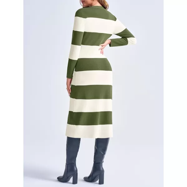 imageSaodimallsu Womens Striped Sweater Dress Button V Neck Long Sleeve Knit Fall Trendy Bodycon Midi Dresses CardigansArmy Green