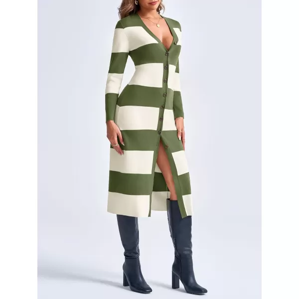 imageSaodimallsu Womens Striped Sweater Dress Button V Neck Long Sleeve Knit Fall Trendy Bodycon Midi Dresses CardigansArmy Green