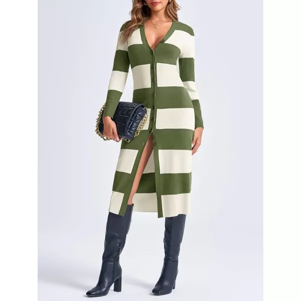 imageSaodimallsu Womens Striped Sweater Dress Button V Neck Long Sleeve Knit Fall Trendy Bodycon Midi Dresses CardigansArmy Green