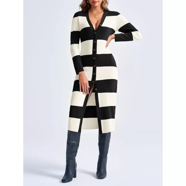 imageSaodimallsu Womens Striped Sweater Dress Button V Neck Long Sleeve Knit Fall Trendy Bodycon Midi Dresses CardigansBlack