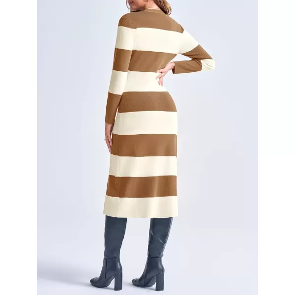 imageSaodimallsu Womens Striped Sweater Dress Button V Neck Long Sleeve Knit Fall Trendy Bodycon Midi Dresses CardigansBrown