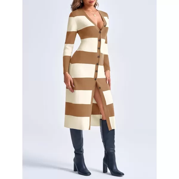 imageSaodimallsu Womens Striped Sweater Dress Button V Neck Long Sleeve Knit Fall Trendy Bodycon Midi Dresses CardigansBrown