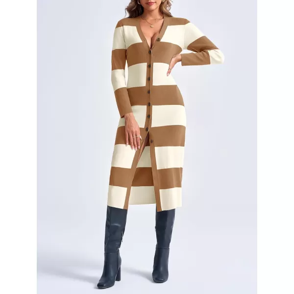 imageSaodimallsu Womens Striped Sweater Dress Button V Neck Long Sleeve Knit Fall Trendy Bodycon Midi Dresses CardigansBrown