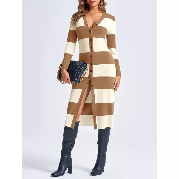 imageSaodimallsu Womens Striped Sweater Dress Button V Neck Long Sleeve Knit Fall Trendy Bodycon Midi Dresses CardigansBrown