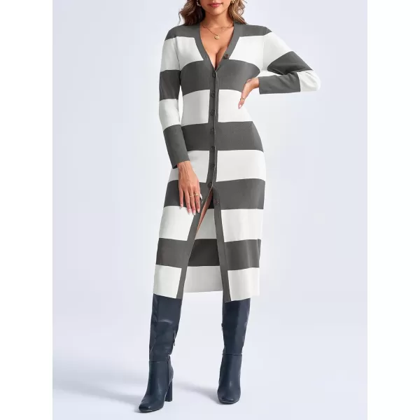 imageSaodimallsu Womens Striped Sweater Dress Button V Neck Long Sleeve Knit Fall Trendy Bodycon Midi Dresses CardigansGray