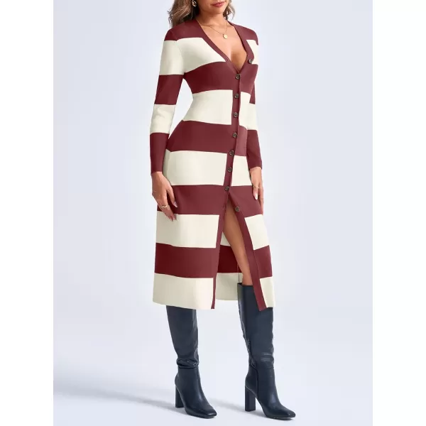 imageSaodimallsu Womens Striped Sweater Dress Button V Neck Long Sleeve Knit Fall Trendy Bodycon Midi Dresses CardigansWine Red