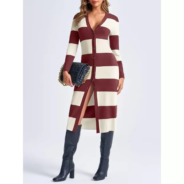 imageSaodimallsu Womens Striped Sweater Dress Button V Neck Long Sleeve Knit Fall Trendy Bodycon Midi Dresses CardigansWine Red