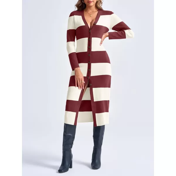 imageSaodimallsu Womens Striped Sweater Dress Button V Neck Long Sleeve Knit Fall Trendy Bodycon Midi Dresses CardigansWine Red