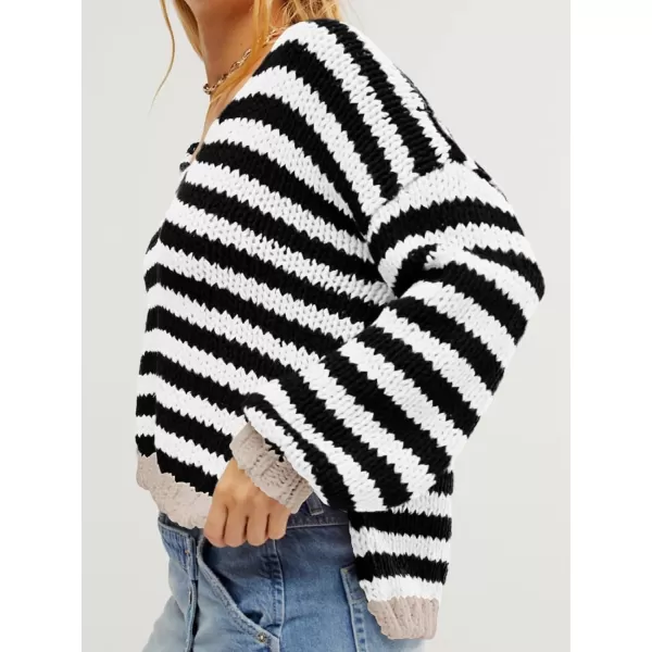 imageSaodimallsu Womens Striped Sweater V Neck Color Block Long Sleeve Loose Casual Pullover JumpersBlack and White