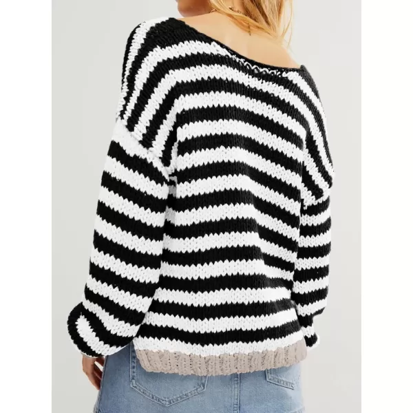 imageSaodimallsu Womens Striped Sweater V Neck Color Block Long Sleeve Loose Casual Pullover JumpersBlack and White