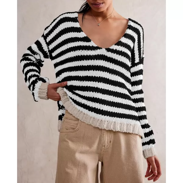 imageSaodimallsu Womens Striped Sweater V Neck Color Block Long Sleeve Loose Casual Pullover JumpersBlack and White