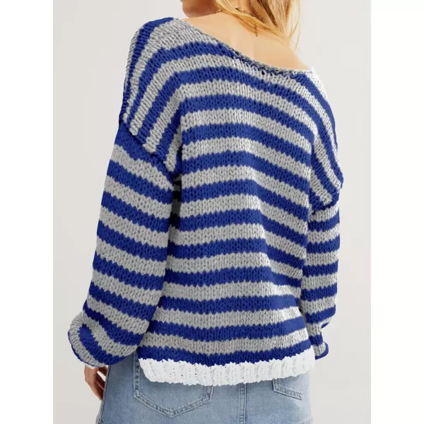 imageSaodimallsu Womens Striped Sweater V Neck Color Block Long Sleeve Loose Casual Pullover JumpersBlue Grey