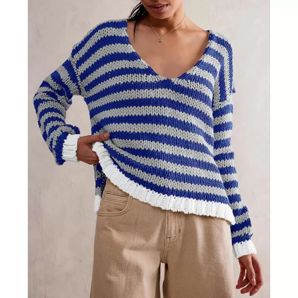 imageSaodimallsu Womens Striped Sweater V Neck Color Block Long Sleeve Loose Casual Pullover JumpersBlue Grey