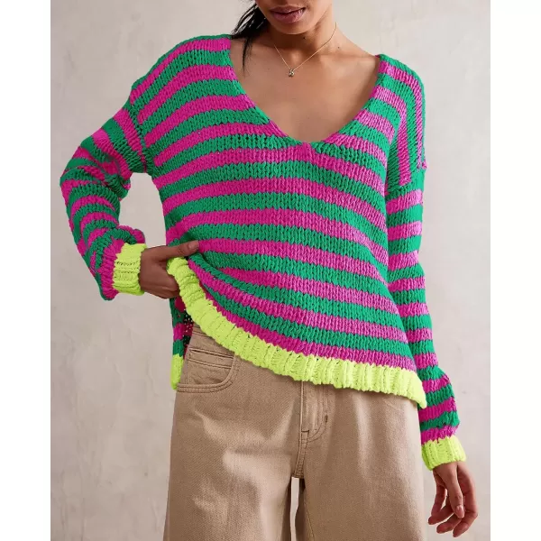 imageSaodimallsu Womens Striped Sweater V Neck Color Block Long Sleeve Loose Casual Pullover JumpersPink Green