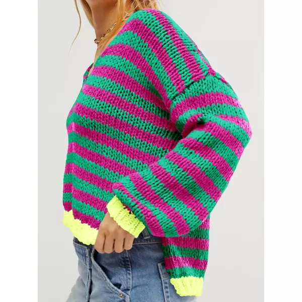 imageSaodimallsu Womens Striped Sweater V Neck Color Block Long Sleeve Loose Casual Pullover JumpersPink Green