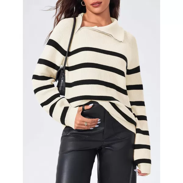 imageSaodimallsu Womens Striped Sweater Zip Mock Neck Fall Long Sleeve Oversized Trendy Loose Ribbed Knit Pullover TopsBeige