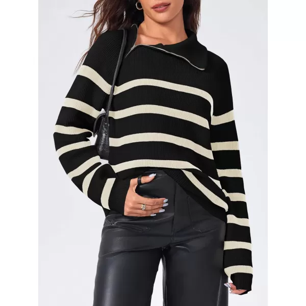 imageSaodimallsu Womens Striped Sweater Zip Mock Neck Fall Long Sleeve Oversized Trendy Loose Ribbed Knit Pullover TopsBlack