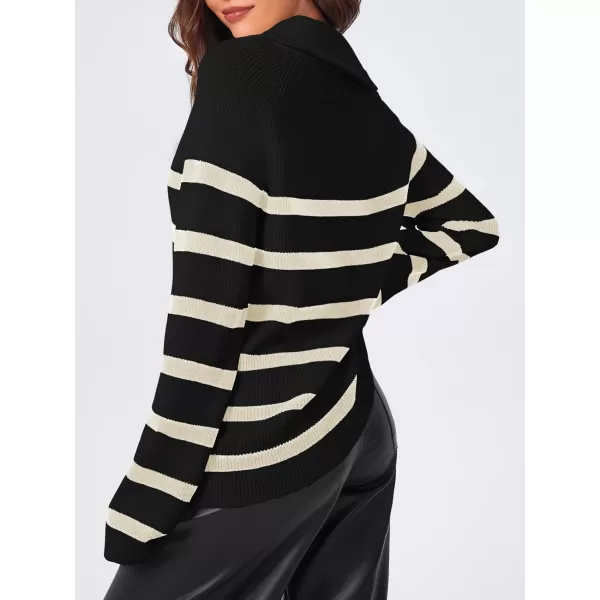 imageSaodimallsu Womens Striped Sweater Zip Mock Neck Fall Long Sleeve Oversized Trendy Loose Ribbed Knit Pullover TopsBlack