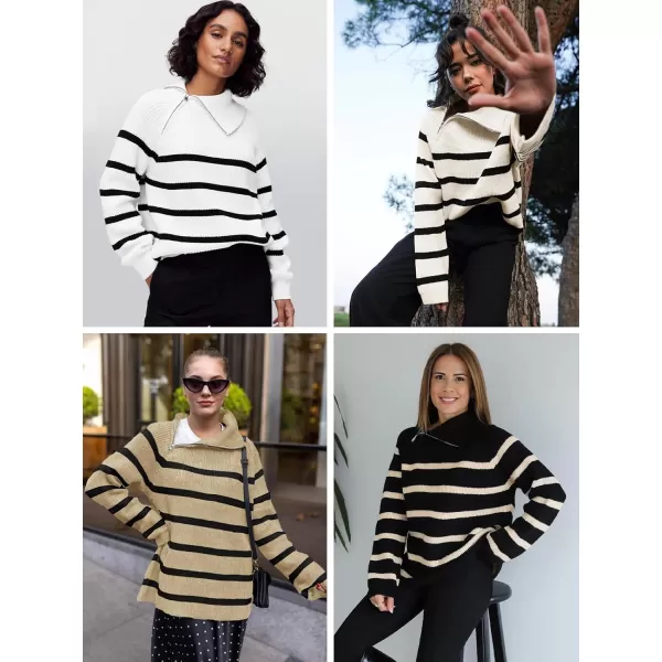 imageSaodimallsu Womens Striped Sweater Zip Mock Neck Fall Long Sleeve Oversized Trendy Loose Ribbed Knit Pullover TopsKhaki