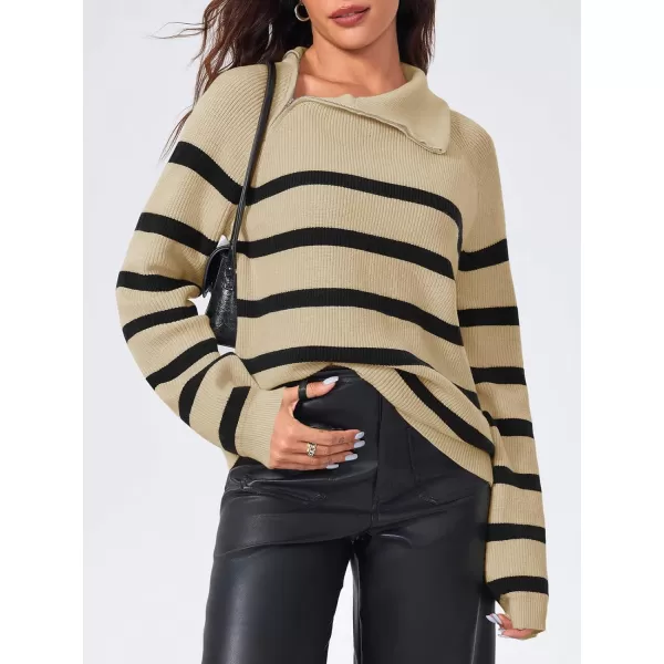 imageSaodimallsu Womens Striped Sweater Zip Mock Neck Fall Long Sleeve Oversized Trendy Loose Ribbed Knit Pullover TopsKhaki