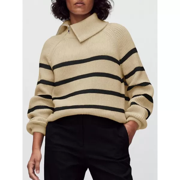 imageSaodimallsu Womens Striped Sweater Zip Mock Neck Fall Long Sleeve Oversized Trendy Loose Ribbed Knit Pullover TopsKhaki