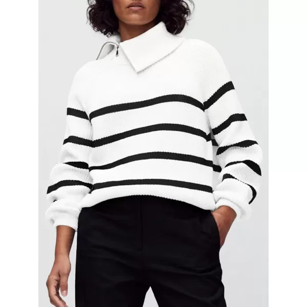 imageSaodimallsu Womens Striped Sweater Zip Mock Neck Fall Long Sleeve Oversized Trendy Loose Ribbed Knit Pullover TopsWhite