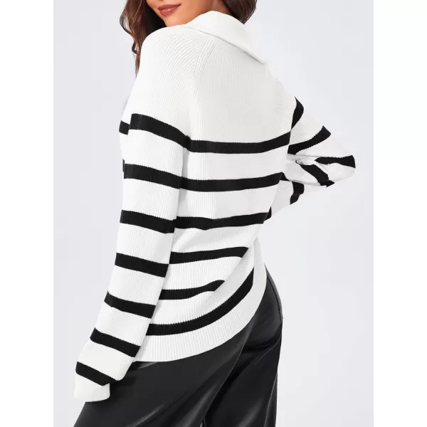 imageSaodimallsu Womens Striped Sweater Zip Mock Neck Fall Long Sleeve Oversized Trendy Loose Ribbed Knit Pullover TopsWhite