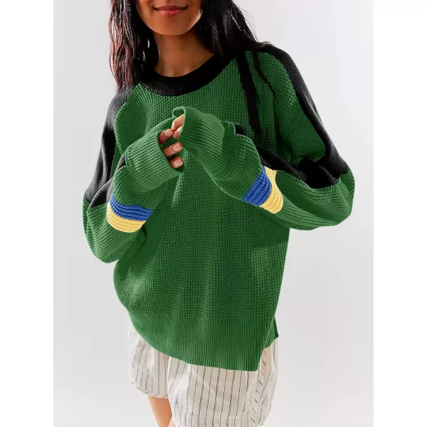 imageSaodimallsu Womens Waffle Knit Sweaters Color Block Crewneck Long Sleeve Slouchy Loose Fit Fall Trendy Pullover TopsGreen