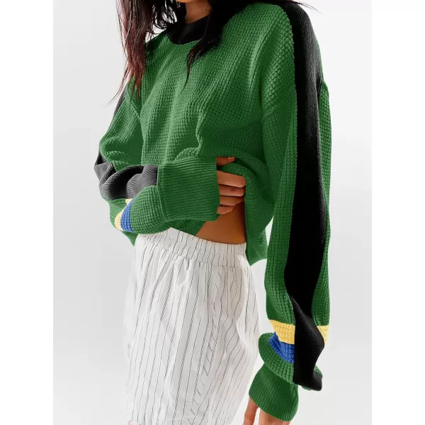 imageSaodimallsu Womens Waffle Knit Sweaters Color Block Crewneck Long Sleeve Slouchy Loose Fit Fall Trendy Pullover TopsGreen