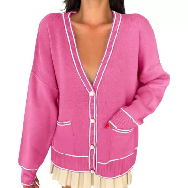 imageSaodimallsu Womens Button Down Cardigan Sweaters V Neck 2024 Fall Open Front Knit Long Sleeve CoatsHot Pink