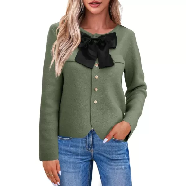 imageSaodimallsu Womens Button Down Cropped Cardigan Sweaters Cute Bow Long Sleeve Crew Neck Knit Sweater Jacket CoatArmy Green