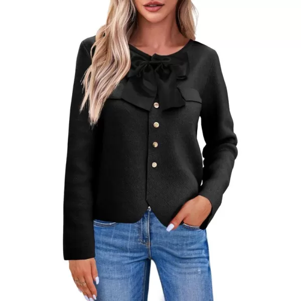 imageSaodimallsu Womens Button Down Cropped Cardigan Sweaters Cute Bow Long Sleeve Crew Neck Knit Sweater Jacket CoatBlack