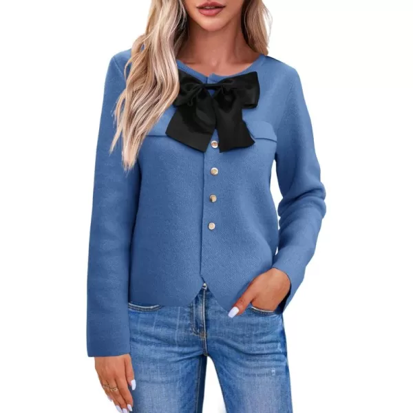 imageSaodimallsu Womens Button Down Cropped Cardigan Sweaters Cute Bow Long Sleeve Crew Neck Knit Sweater Jacket CoatBlue