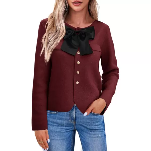 imageSaodimallsu Womens Button Down Cropped Cardigan Sweaters Cute Bow Long Sleeve Crew Neck Knit Sweater Jacket CoatBurgundy