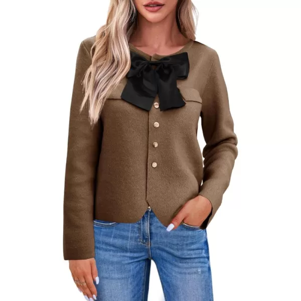 imageSaodimallsu Womens Button Down Cropped Cardigan Sweaters Cute Bow Long Sleeve Crew Neck Knit Sweater Jacket CoatCoffee