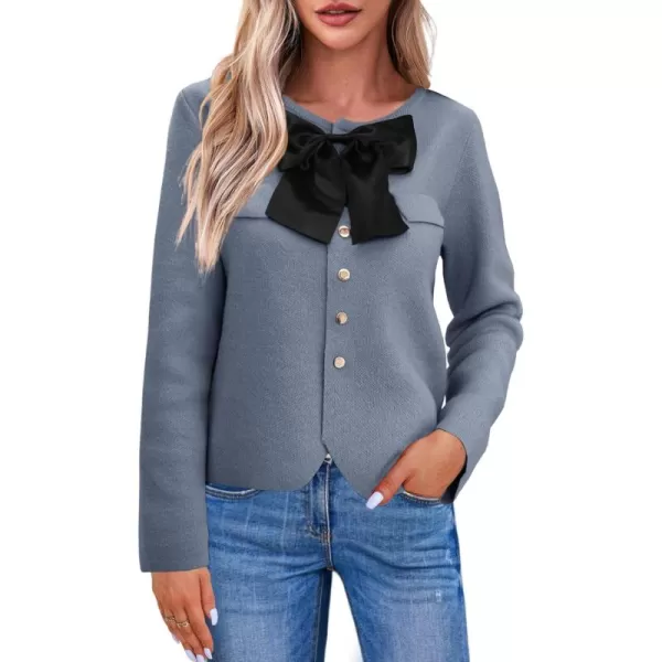 imageSaodimallsu Womens Button Down Cropped Cardigan Sweaters Cute Bow Long Sleeve Crew Neck Knit Sweater Jacket CoatGrey