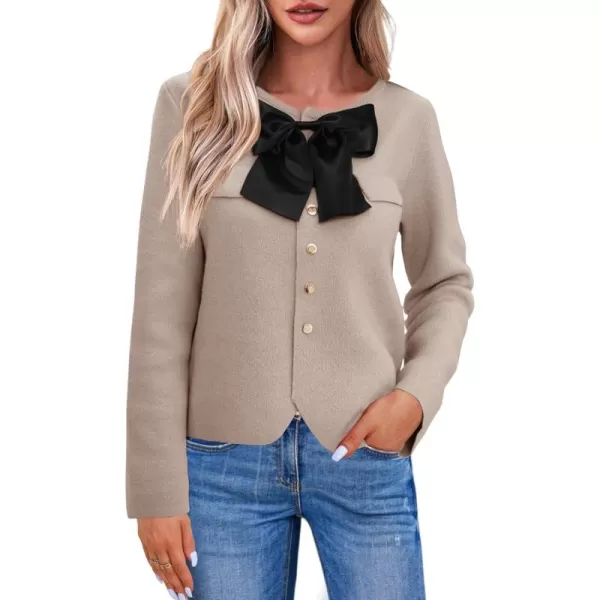 imageSaodimallsu Womens Button Down Cropped Cardigan Sweaters Cute Bow Long Sleeve Crew Neck Knit Sweater Jacket CoatKhaki