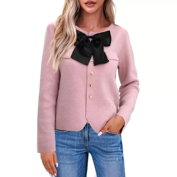 imageSaodimallsu Womens Button Down Cropped Cardigan Sweaters Cute Bow Long Sleeve Crew Neck Knit Sweater Jacket CoatPink